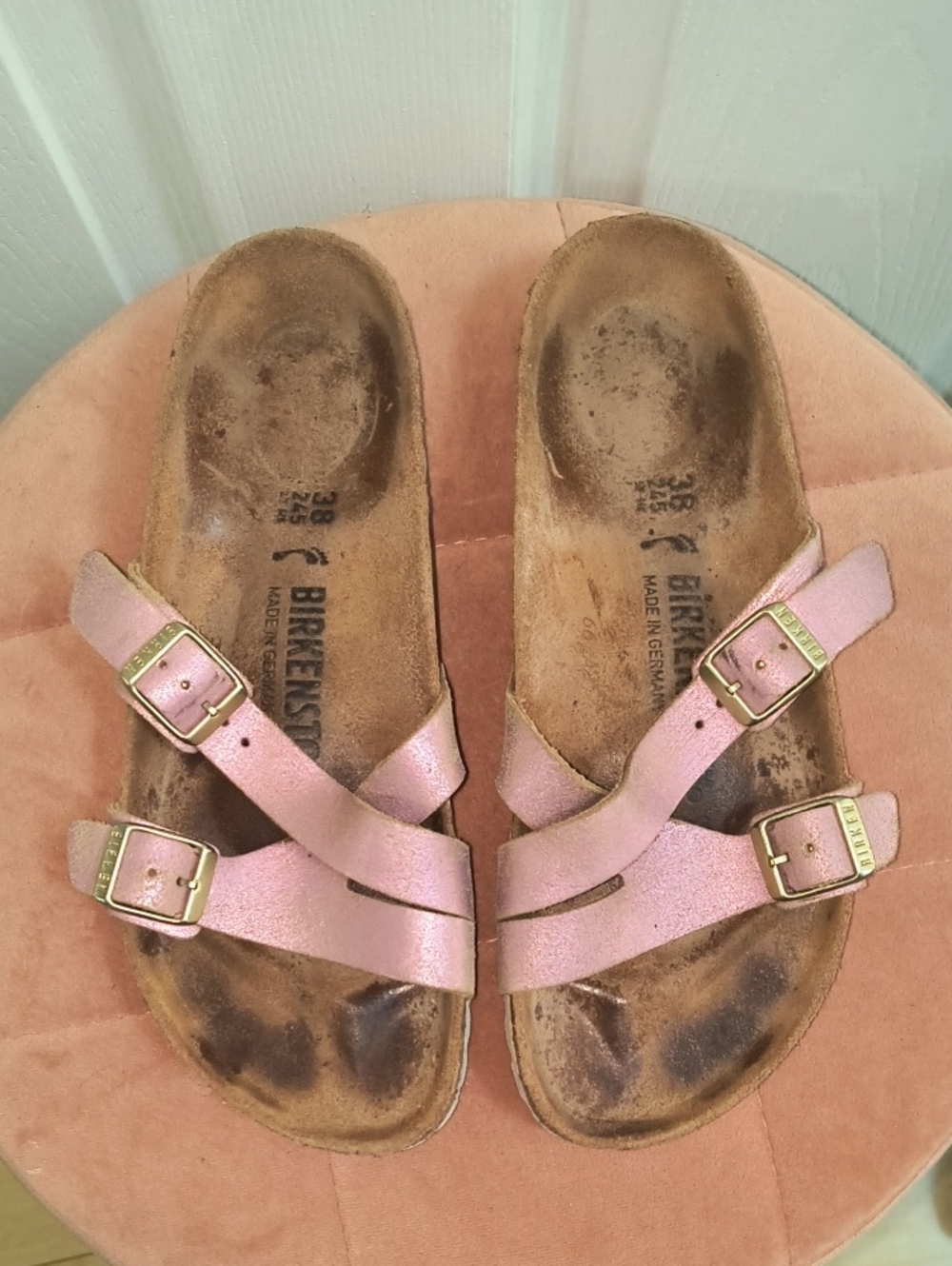 Birkenstock Yao Washed Metallic Rose Slide Sandals Size 38 - Picture 2 of 8